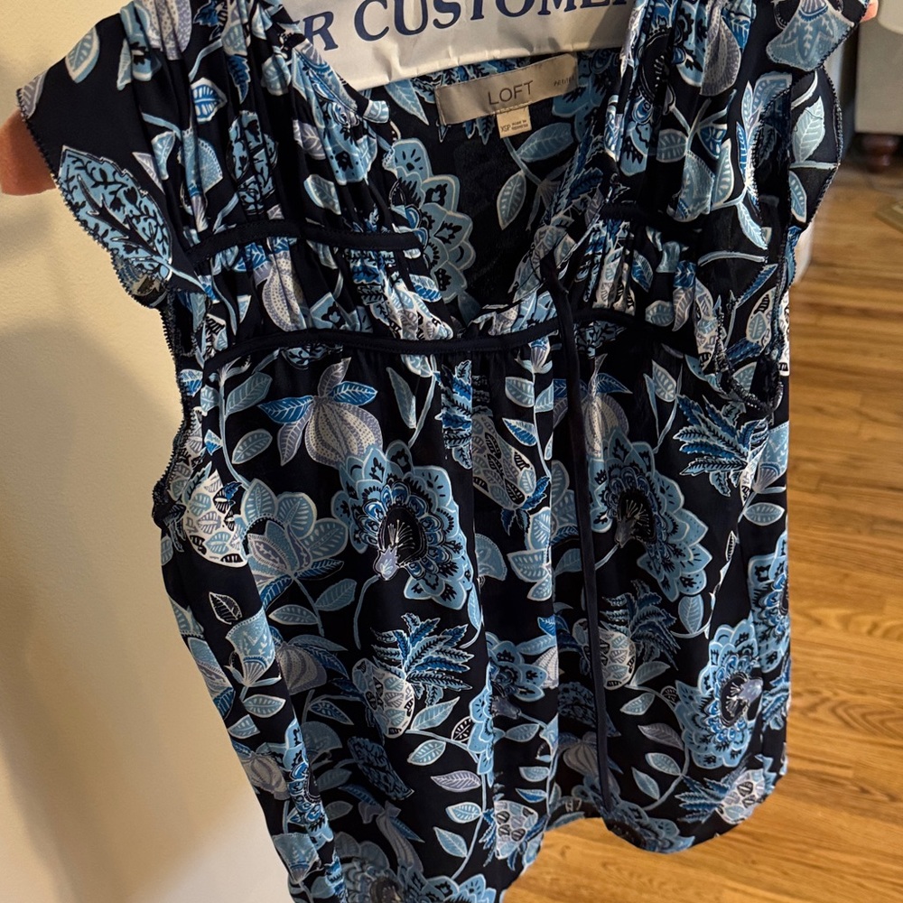 LOFT Black and Light Blue Floral Cap-Sleeve Blouse